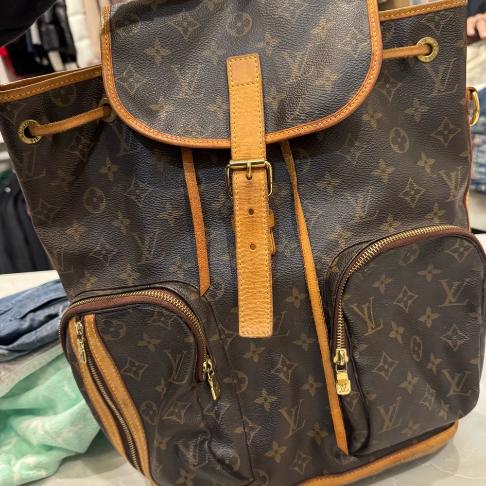 Louis Vuitton Brown Monogram Drawstring Backpack with Tan Leather